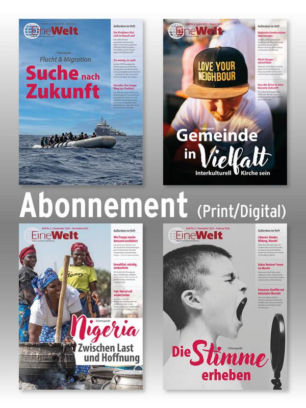 Die Titel der vier Jahresausgaben 2025 sind als kleine Bilder auf einen grauen Hintergund gesetzt. Oben zwei und unten zwei, in der Mitte steht Abonnement© Foto: Verlag