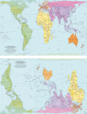 Die Weltkarte in flächentreuer Perspektive. Auf der Vorderseite ist die Weltkarte nach Norden ausgerichtet, auf der Rückseite nach Süden, also mit Australien und dem Pazifik in der Kartenmitte. &copy; Foto: Huber Kartographie