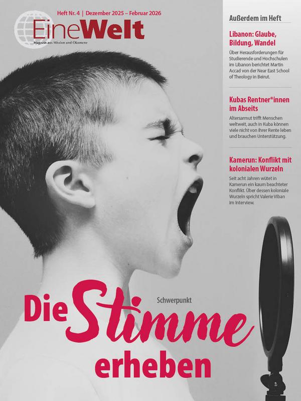 Cover EineWelt 4/25: Junge schreit in Mikrofon © Foto: Titelfoto: Jason Rosewell/Unsplash